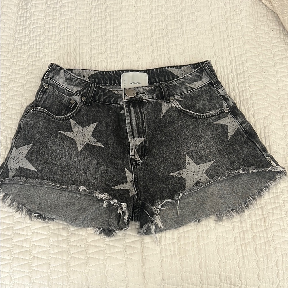 One Teaspoon Gray Jean Shorts Distressed Star Design